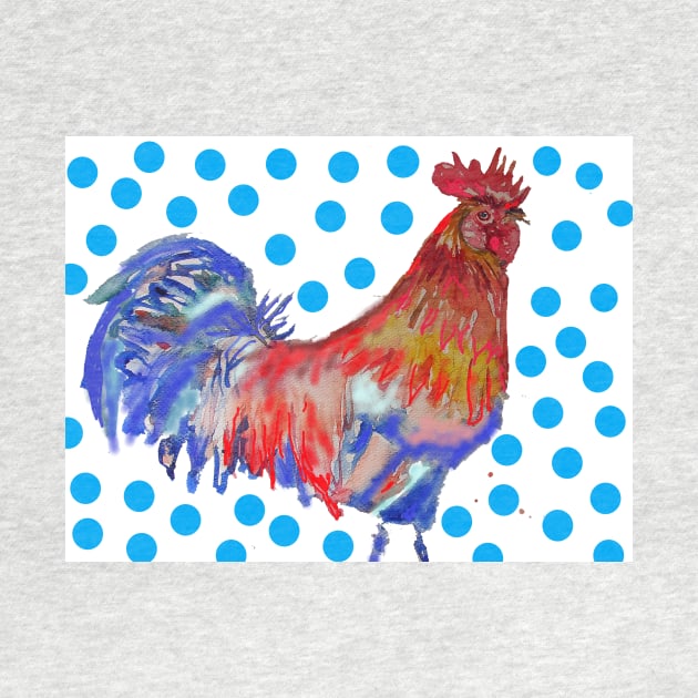 Rooster Watercolor Painting with Blue Polka Dots by SarahRajkotwala